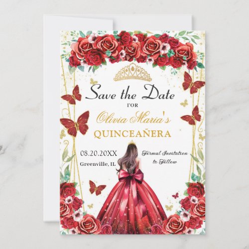 Quinceaera Red Roses Floral Princess Butterflies Save The Date