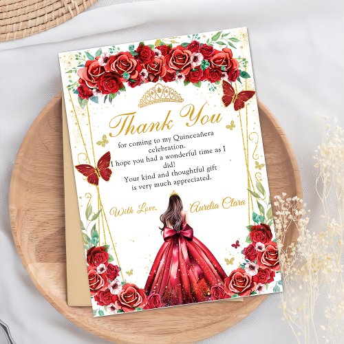 Quinceaera Red Roses Floral Princess Butterflies Thank You Card