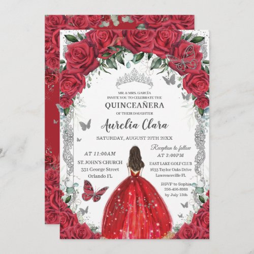 Quinceaera Red Roses Floral Princess Dress Silver Invitation