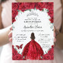 Quinceañera Red Roses Floral Princess Gown Silver Invitation
