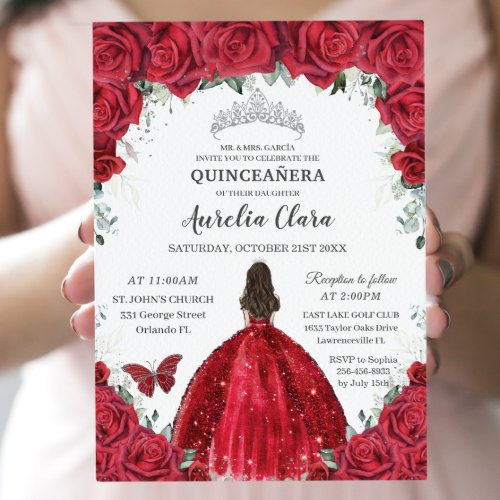 Quinceaera Red Roses Floral Princess Gown Silver Invitation