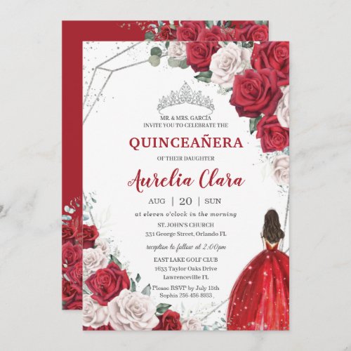 Quinceaera Red Roses Floral Princess Silver Crown Invitation