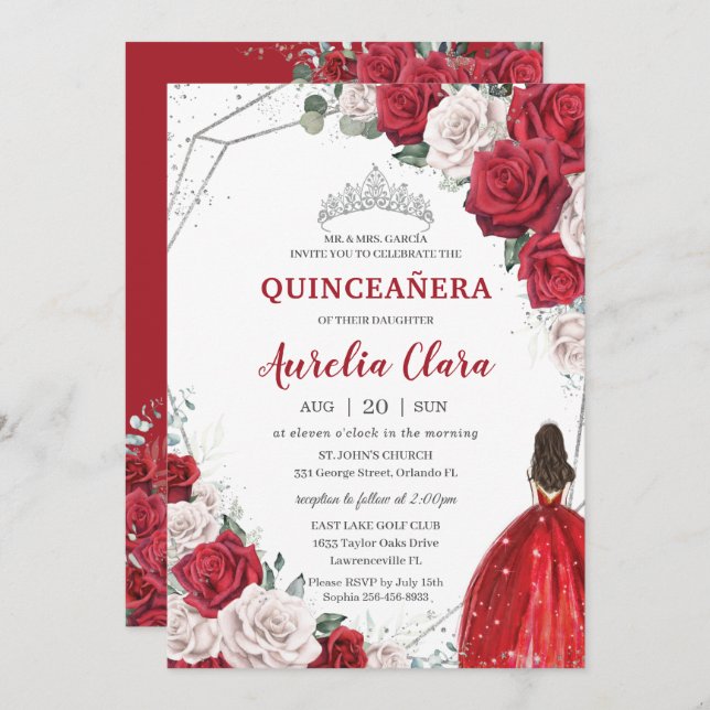 Quinceañera Red Roses Floral Princess Silver Crown Invitation (Front/Back)