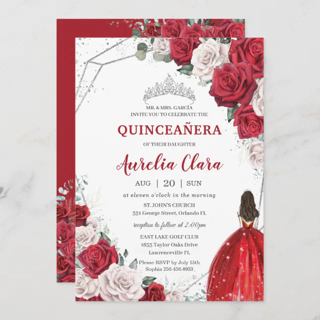 Quinceañera Red Roses Floral Princess Silver Crown Invitation | Zazzle