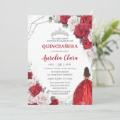 Quinceañera Red Roses Floral Princess Silver Crown Invitation (Standing Front)