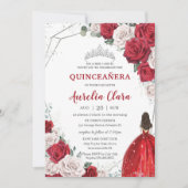 Quinceañera Red Roses Floral Princess Silver Crown Invitation (Front)