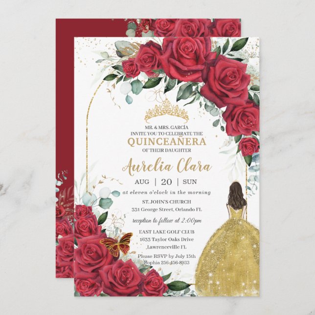 Quinceañera Red Roses Floral Princess Yellow Dress Invitation (Front/Back)