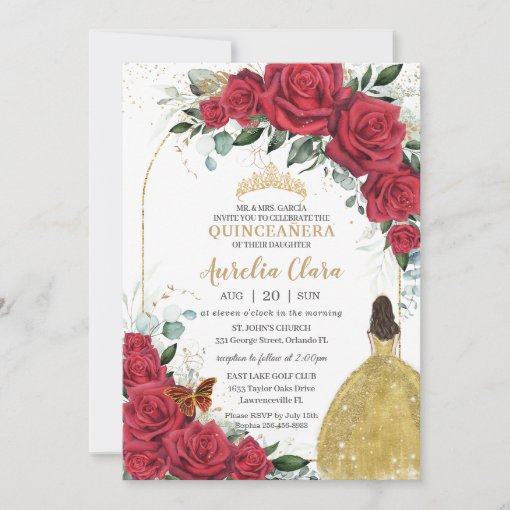 Quinceañera Red Roses Floral Princess Yellow Dress Invitation | Zazzle