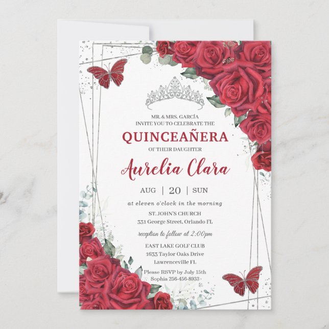 Quinceañera Red Roses Floral Silver Princess Crown Invitation (Front)