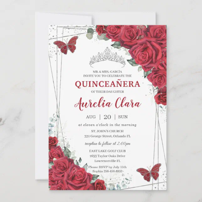 Quinceañera Red Roses Floral Silver Princess Crown Invitation | Zazzle