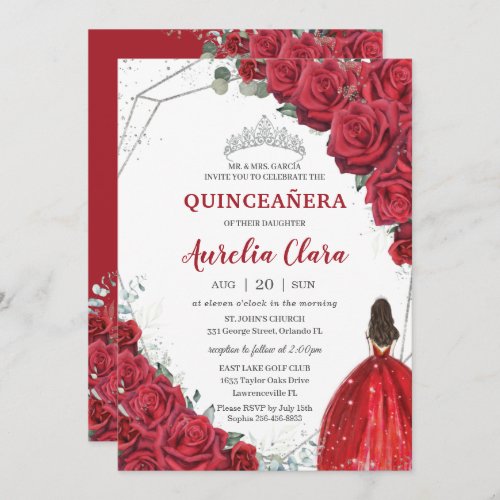 Quinceaera Red Roses Floral Silver Princess Tiara Invitation