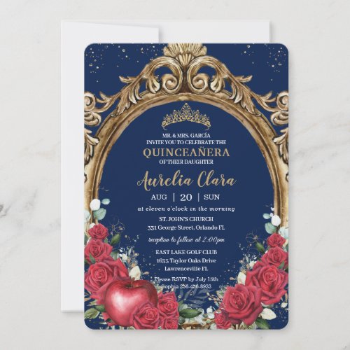 Quinceaera Red Roses Floral Snow White Gold Frame Invitation