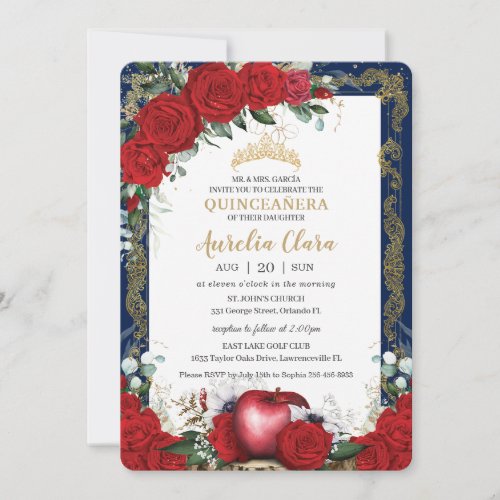 Quinceaera Red Roses Floral Snow White Navy Gold Invitation