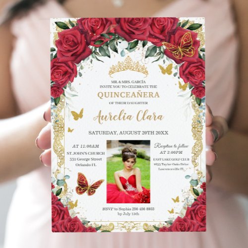Quinceaera Red Roses Floral Vintage Gold Picture Invitation