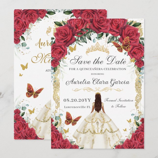 Quinceañera Red Roses Floral White Dress Gold  Save The Date (Front/Back)