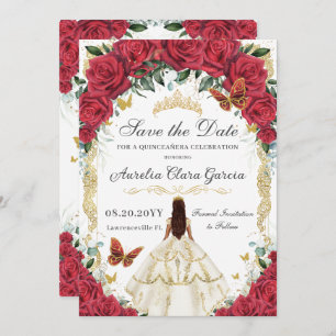 Quinceañera Red Roses Floral White Dress Gold  Save The Date