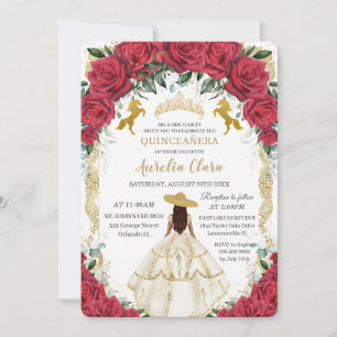 Quinceañera Red Roses Floral White Dress Horses Invitation