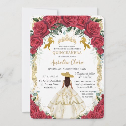 Quinceaera Red Roses Floral White Dress Horses  Invitation