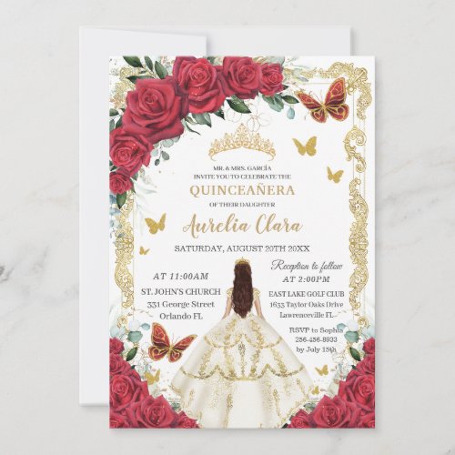 Quinceaera Red Roses Floral White Dress Princess  Invitation