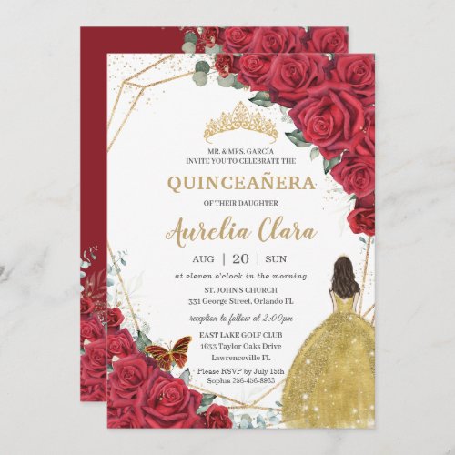 Quinceaera Red Roses Floral Yellow Princess Dress Invitation