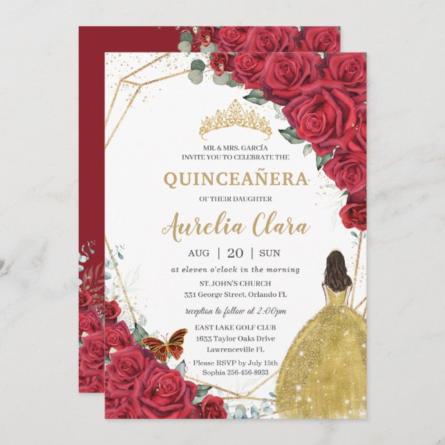 Quinceañera Red Roses Floral Yellow Princess Dress Invitation (Front/Back)