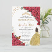 Quinceañera Red Roses Floral Yellow Princess Dress Invitation (Standing Front)