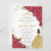 Quinceañera Red Roses Floral Yellow Princess Dress Invitation (Front)