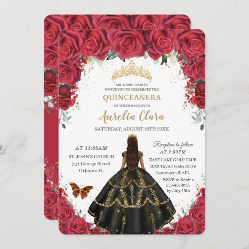 Quinceaera Red Roses Flowers Black Dress Gold Invitation