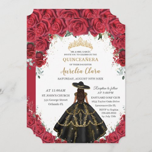 Quinceaera Red Roses Flowers Black Dress Hat Gold Invitation