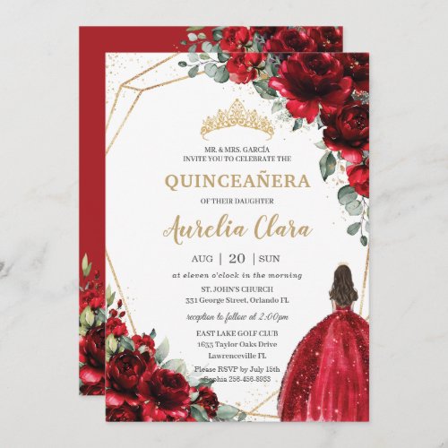 Quinceaera Red Roses Flowers Floral Princess Gown Invitation