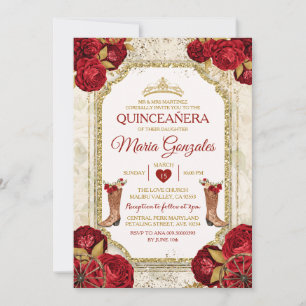 Quinceañera Red Roses & Gold Crown Mexican Invitation