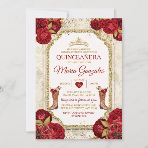 Quinceaera Red Roses  Gold Crown Mexican Invitation