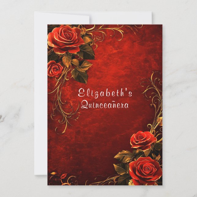 Quinceanera Red Roses Gold Filigree Invitation (Front)