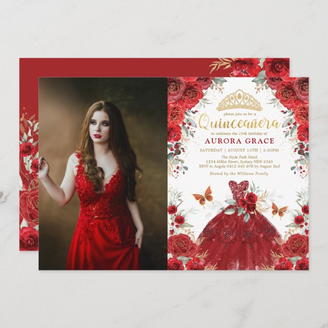 Quinceañera Red Roses Mis Quince 15th Birthday Invitation (Front/Back)