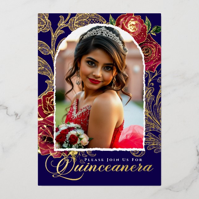 Quinceanera Red Roses Navy Blue Elegant Photo Gold Foil Invitation (Front)