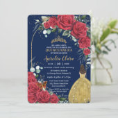 Quinceañera Red Roses Princess Yellow Dress Blue Invitation (Standing Front)