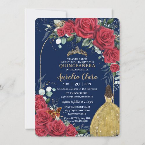 Quinceaera Red Roses Princess Yellow Dress Blue Invitation