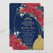 Quinceañera Red Roses Princess Yellow Dress Blue Invitation (Front/Back)