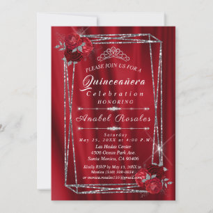 Quinceanera Red Roses & Silver Glitter Invitation