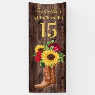 Quinceañera Red Roses Sunflowers Cowboy Boots 15 Banner
