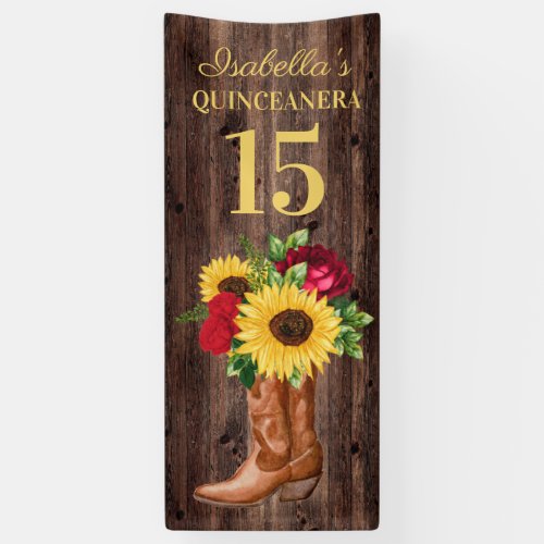 Quinceaera Red Roses Sunflowers Cowboy Boots 15 Banner