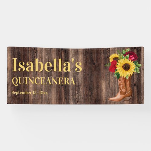 Quinceaera Red Roses Sunflowers Cowboy Boots  Banner