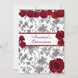 Quinceanera Red Satin Red Roses Black White Toile Invitation