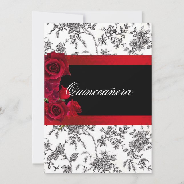 Quinceanera Red Satin Roses Black White Toile  Invitation (Front)