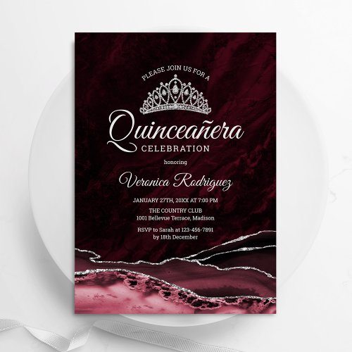 Quinceanera Red Silver Agate Marble Invitation