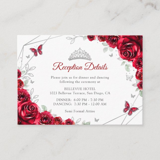 Quinceanera Red Silver Floral Details Enclosure Card (Front)