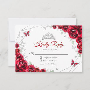 Quinceanera Red Silver Floral Reply RSVP Card