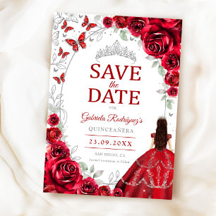 Quinceanera Red Silver Floral Save The Date