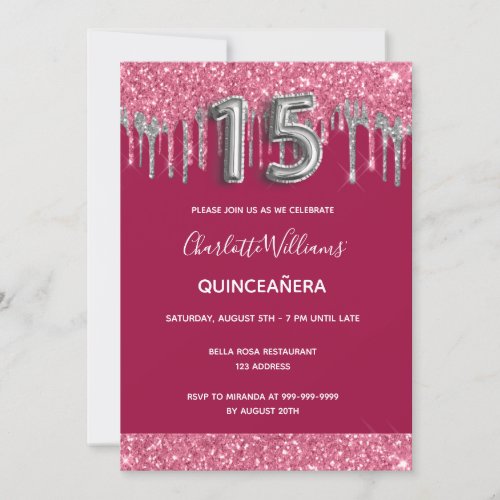 Quinceanera red silver glittermdrips elegant invitation