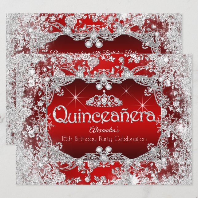 Quinceanera Red Silver Tiara Winter Wonderland Invitation (Front/Back)